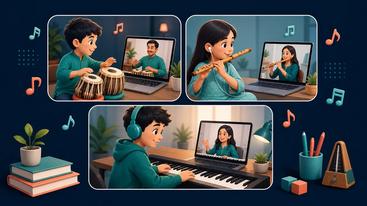 Children learning tabla, flute, and piano in live online music classes