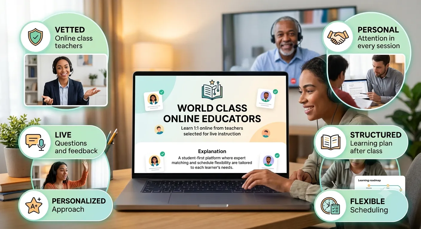 A learner in a live 1:1 online class with a teacher, alongside vetted teacher and flexible scheduling highlights